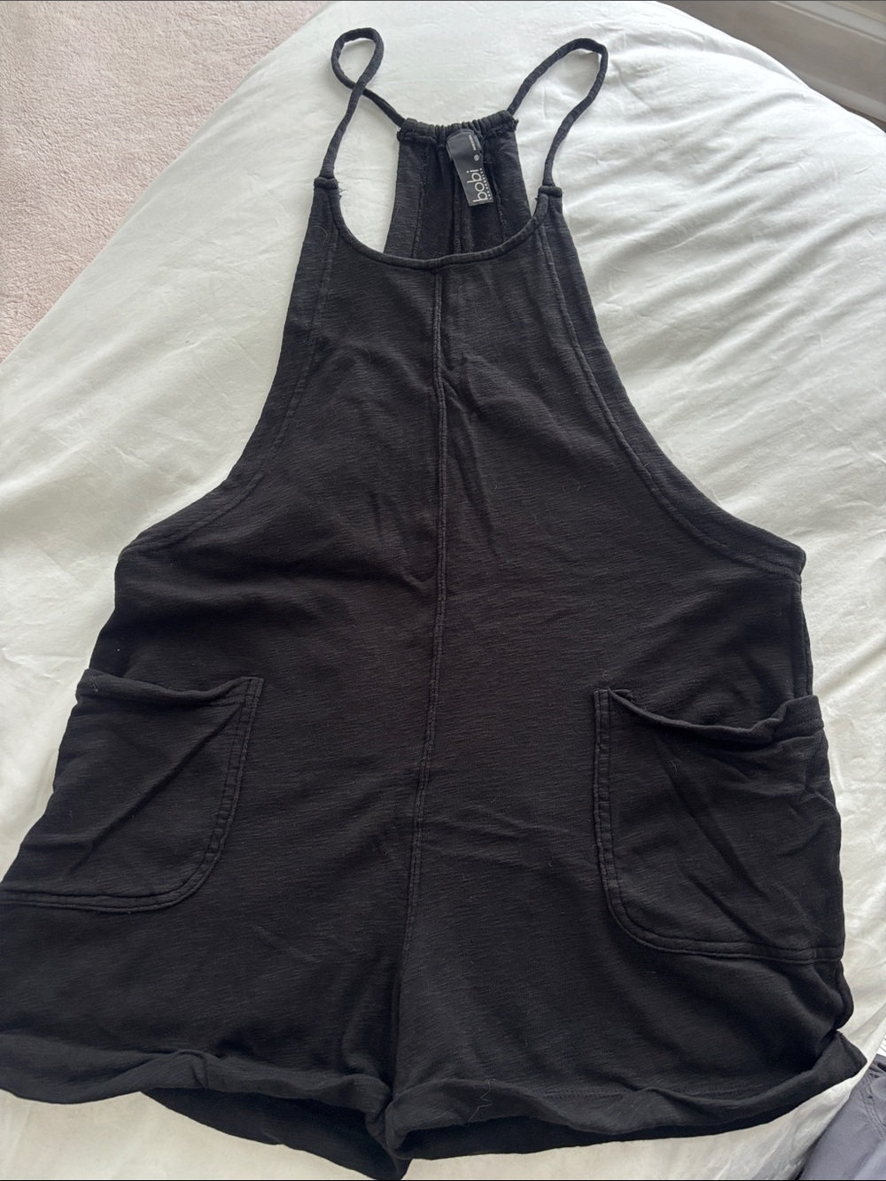 bobi Black Sleeveless Knit Romper with Front/Side Pockets